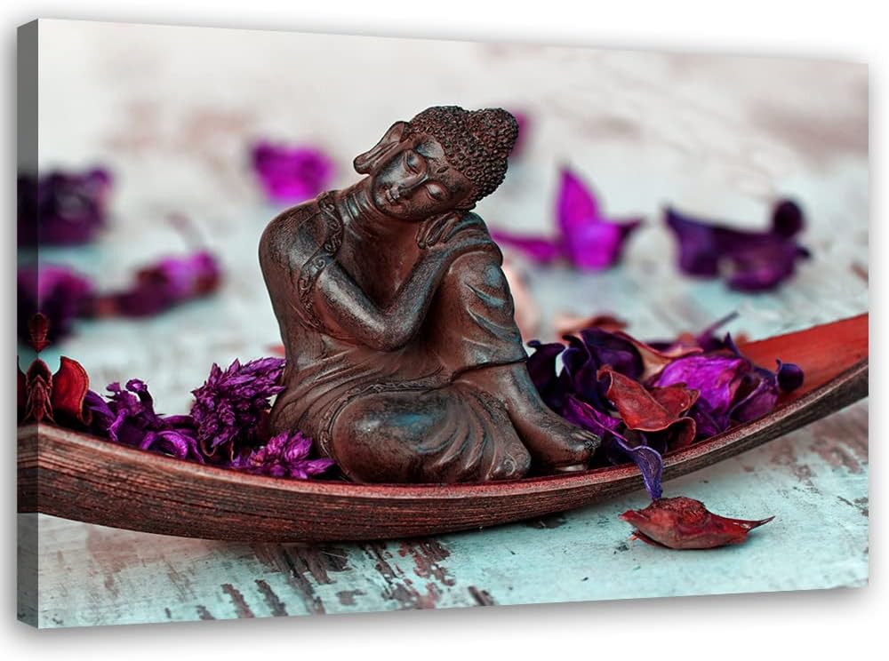 Feeby Bilder Buddha Blumen Lila XXL 120x80 cm 1Teilig Modern Wohnzimmer Schlafzimmer Flur Büro Vlies