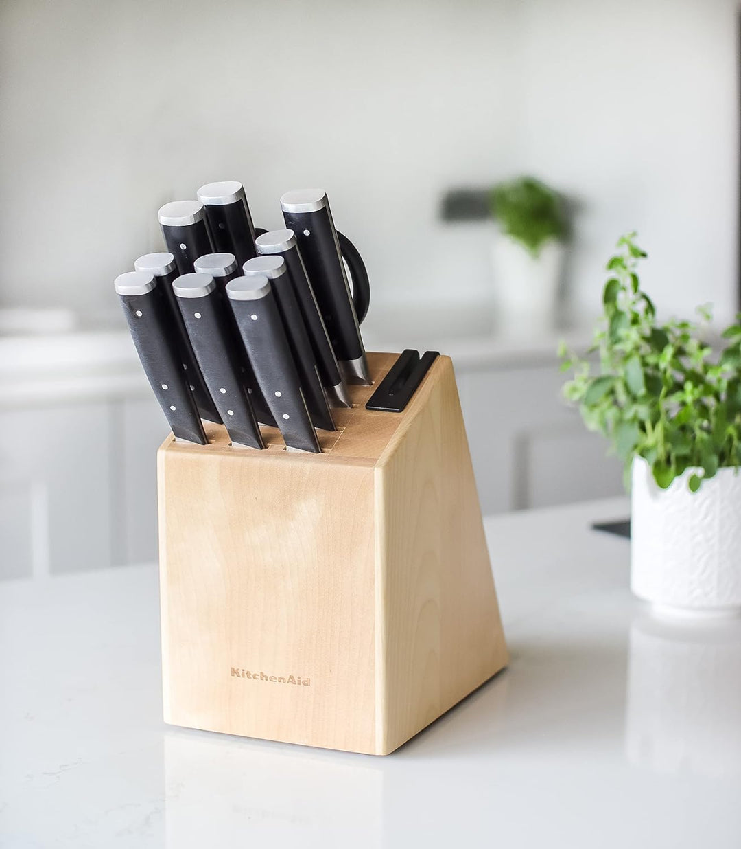 KitchenAid Gourmet 11-Piece Japanese Steel Knife Set with Sharpener and Birchwood Block & Pasta-Serv