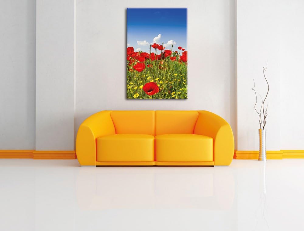 Pixxprint Mohnwiese, Format: 100x70 auf Leinwand, XXL riesige Bilder fertig gerahmt mit Keilrahmen,