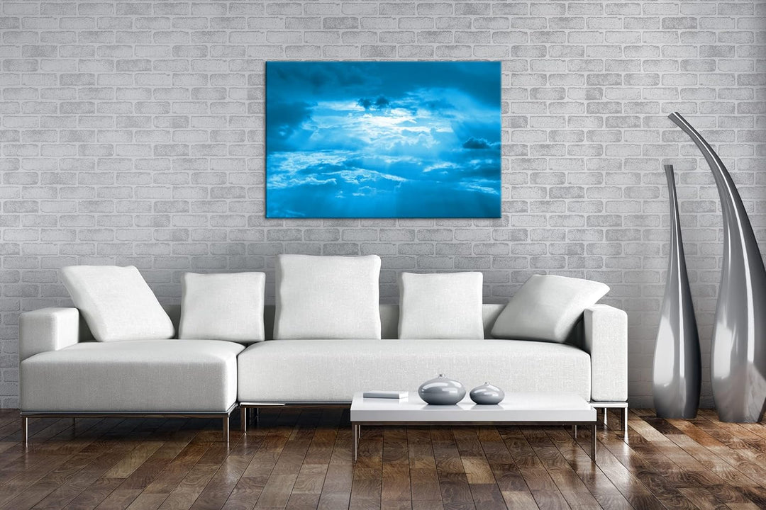 Licht bricht durch die Wolken Format 80x60 Effekt: Monocrome Blau als Leinwandbild, Motiv fertig ger