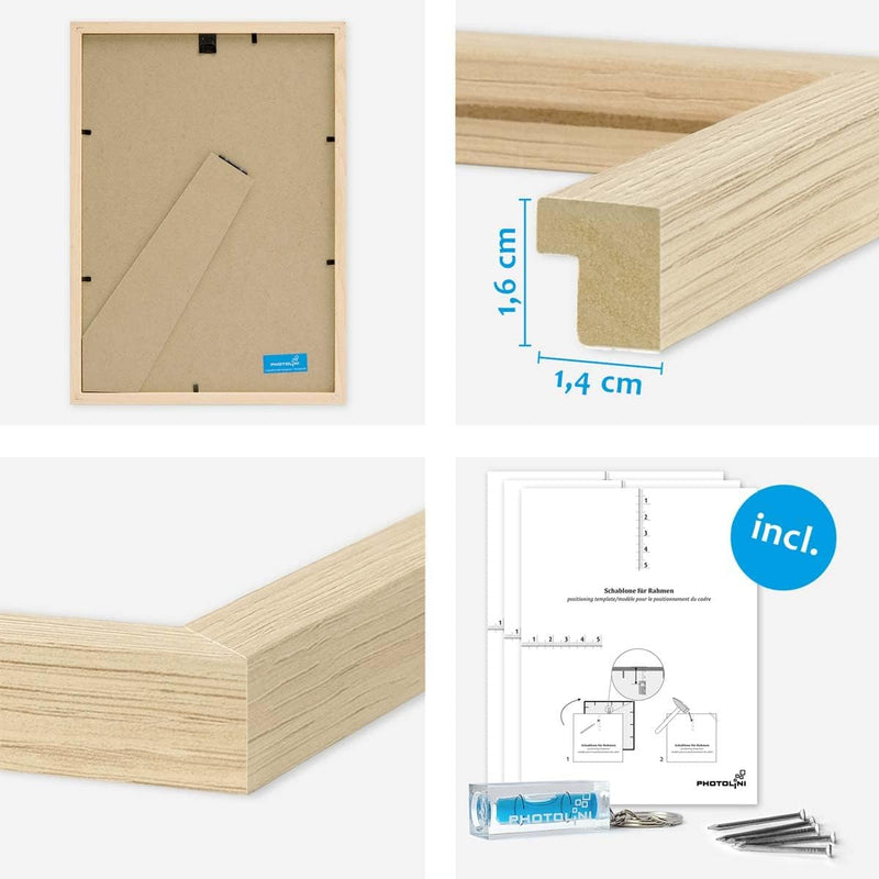 PHOTOLINI Bilderrahmen-Set MDF-Holz Natur, 15er Rahmenset Posterrahmen, bruchsicheres Acrylglas, zum