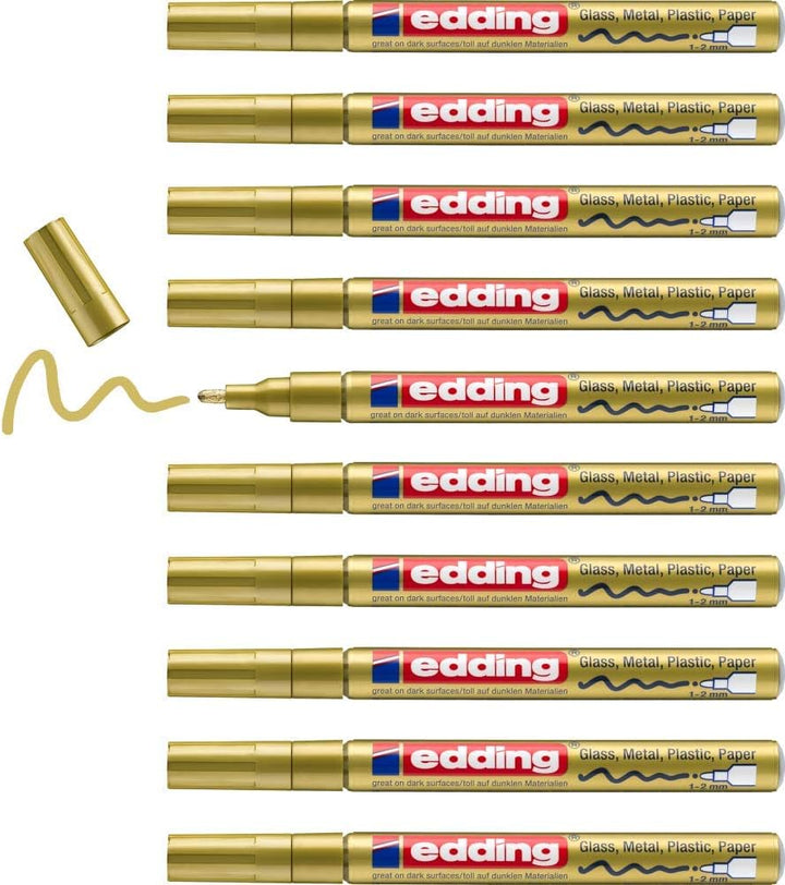 edding 751 Glanzlackmarker - gold - 10 Lackmarker - Rundspitze 1-2 mm - Lackstift für Glas, Stein, H