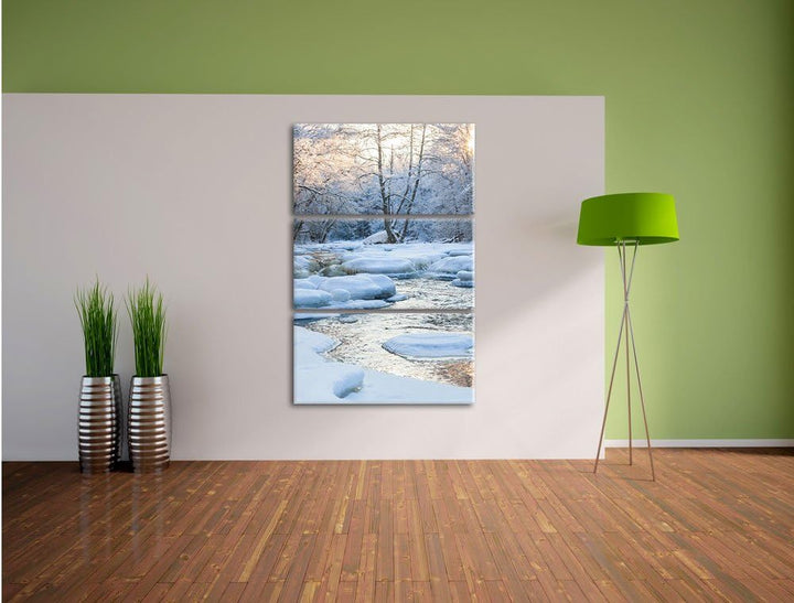 Pixxprint Bach in Winterlandschaft 3-Teiler Leinwandbild 120x80 Bild auf Leinwand