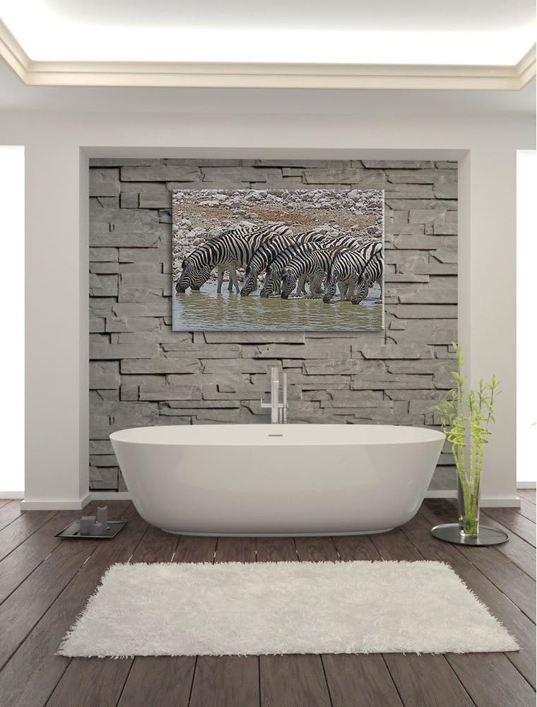 Zebraherde am Wasserloch Leinwand, XXL riesige Bilder fertig gerahmt mit Keilrahmen, Kunstdruck auf