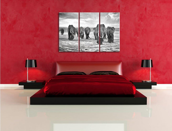 Pixxprint Elefanten Familie in der Savanne Kunst Kohle Effekt 3-Teiler Leinwandbild 120x80 Bild auf