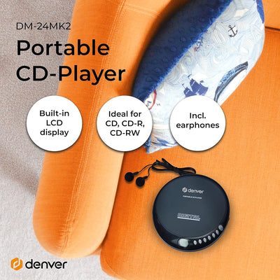 Denver DM-24 Discman, Schwarz & Sony MDR-ZX110 Faltbarer Bügelkopfhörer, schwarz ohne Anti-Schock Bu