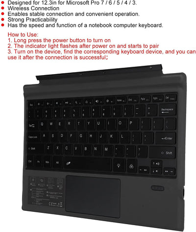 ASHATA Bluetooth Tastatur, Surface Tastatur mit Trackpad Wireless Keyboard 7-Farbige Led-Hintergrund