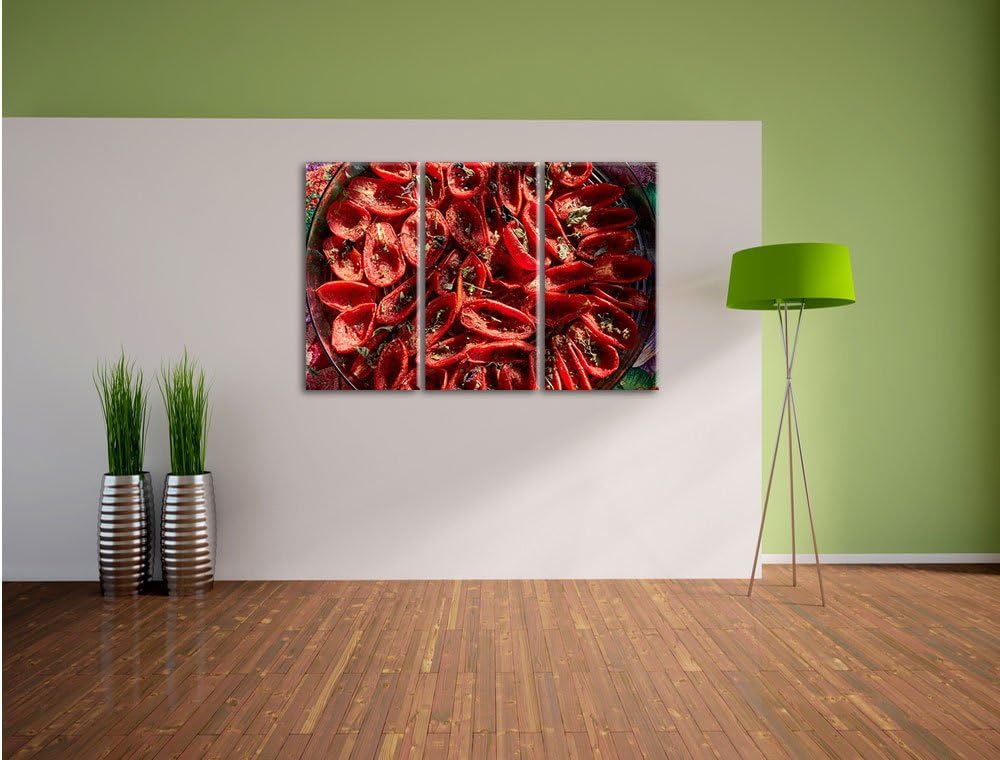 Pixxprint Tomaten Olivenöl Kräuter / 3-Teilig/Gesamtmass 120cm Leinwandbild bespannt auf Holzrahmen/
