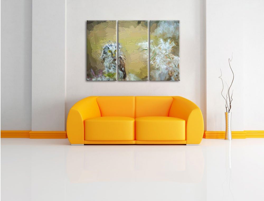 Pixxprint Kleiner Kauz auf AST / 3-Teilig/Gesamtmass 120cm Leinwandbild bespannt auf Holzrahmen/Wand