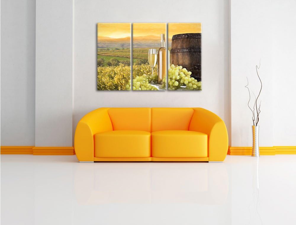 Pixxprint Weinreben mit Weinflasche und Fass als Leinwandbild/Grösse: 3 Teilig (120x80) cm/Wandbild/