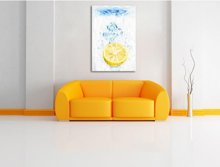Pixxprint Zitrone fällt ins Wasser als Leinwandbild/Grösse: 100x70 cm/Wandbild/Kunstdruck/fertig bes