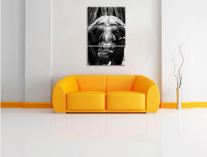 Pixxprint Wasserbüffel Schwarz/weiss 3-Teiler Leinwandbild 120x80 Bild auf Leinwand
