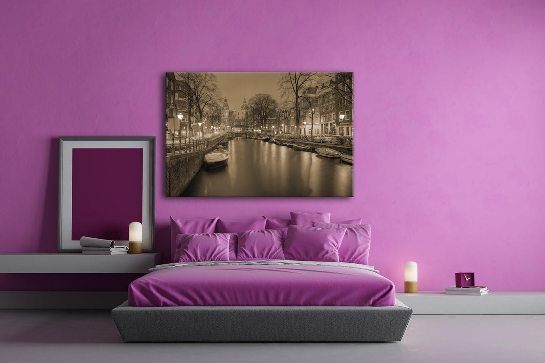 deyoli Kanal in Amsterdam bei Nacht Format: 60x40 Effekt: Sepia als Leinwandbild, Motiv fertig gerah