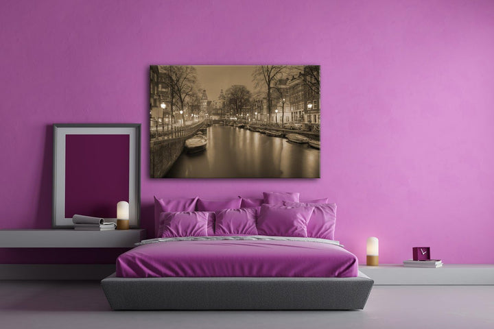 deyoli Kanal in Amsterdam bei Nacht Format: 60x40 Effekt: Sepia als Leinwandbild, Motiv fertig gerah