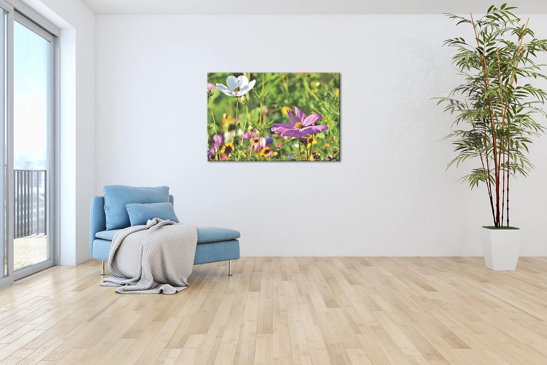 deyoli blühende Blumenwiese Format: 60x40 als Leinwand, Motiv fertig gerahmt auf Echtholzrahmen, Hoc