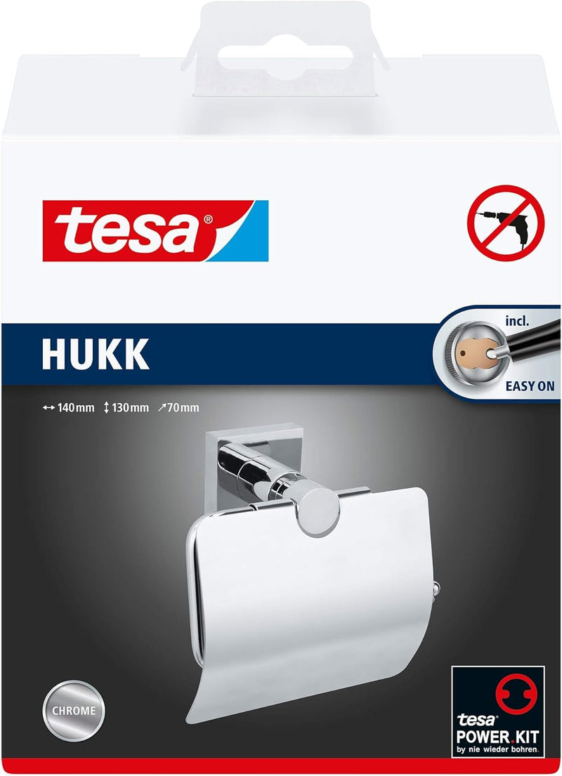 tesa HUKK Toilettenpapierhalter mit Deckel, verchromt - WC-Rollenhalter zur Wandbefestigung ohne Boh