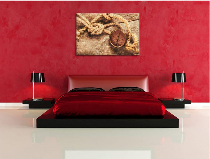 Pixxprint Schiffseil und Kompass auf Holzuntergrund Kunst Pinsel Effekt, Format: 100x70 auf Leinwand