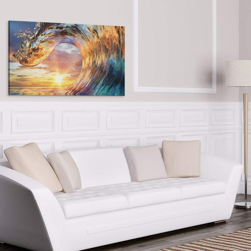 PICANOVA – Bild auf Leinwand Wellen-Sonnenuntergang 100x50cm – Leinwandbild – Premium Leinwanddruck