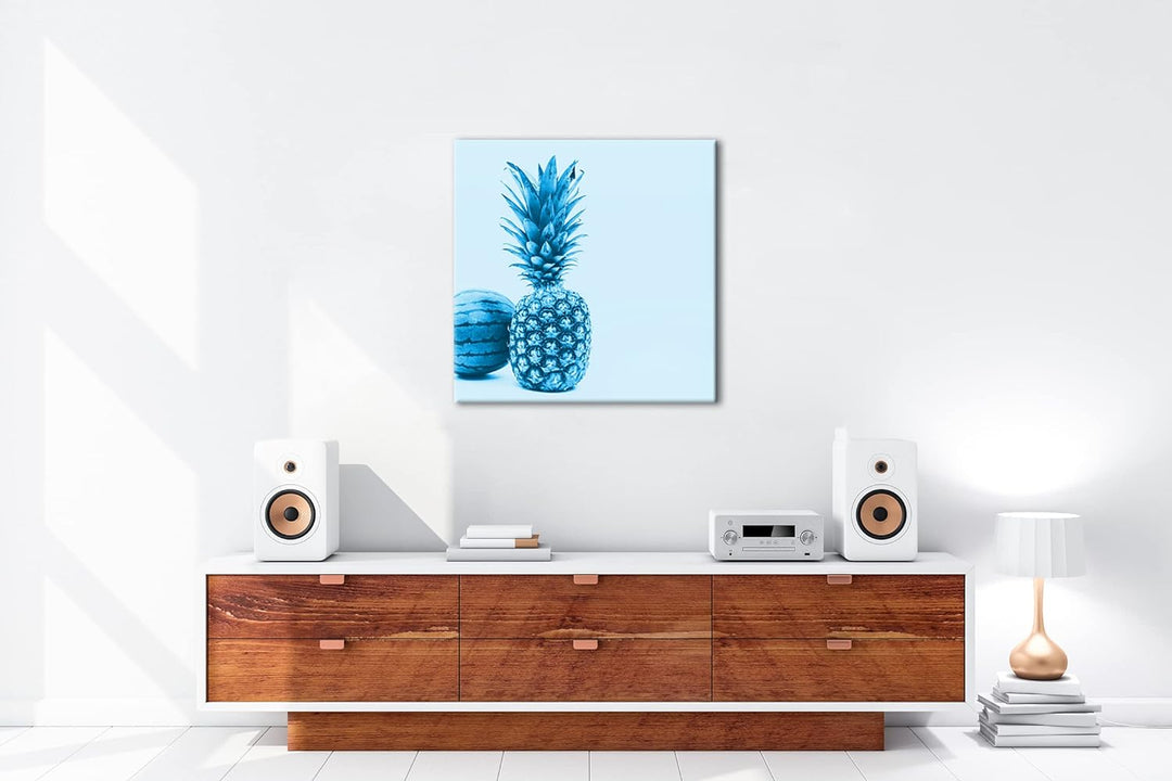 Ananas Melone Format: 70x70 Effekt: Monocrome Blau als Leinwand, Motiv fertig gerahmt auf Echtholzra