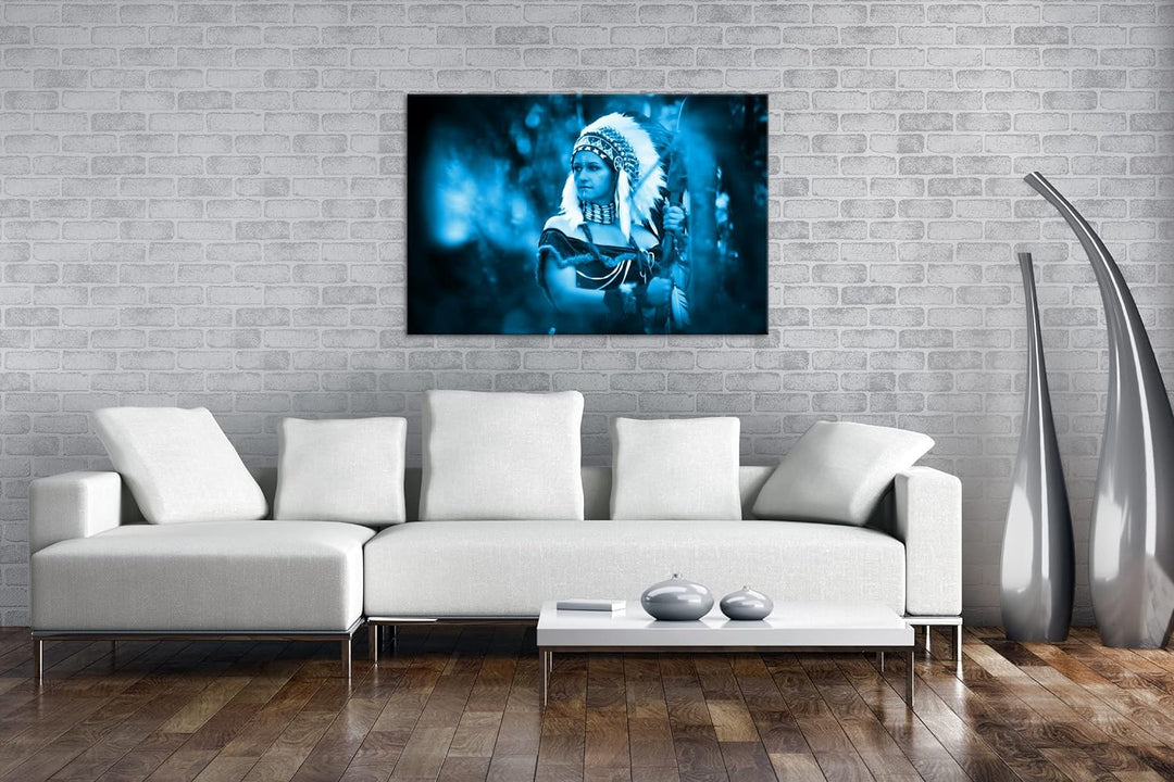 deyoli stolze Indianerin Format: 80x60 Effekt: Monocrome Blau als Leinwand, Motiv fertig gerahmt auf