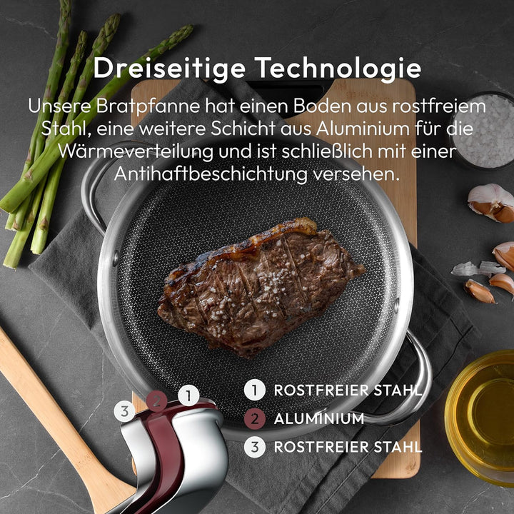 MasterPro Hi-Tech 3 | Topf 28 cm | Edelstahl mit Wabenstruktur | 3-Fache Beschichtung | Küchenutensi