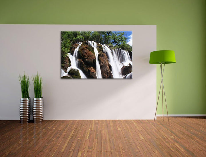 prachtvoller Wasserfall im Dschungel Leinwand, XXL riesige Bilder fertig gerahmt mit Keilrahmen, Kun