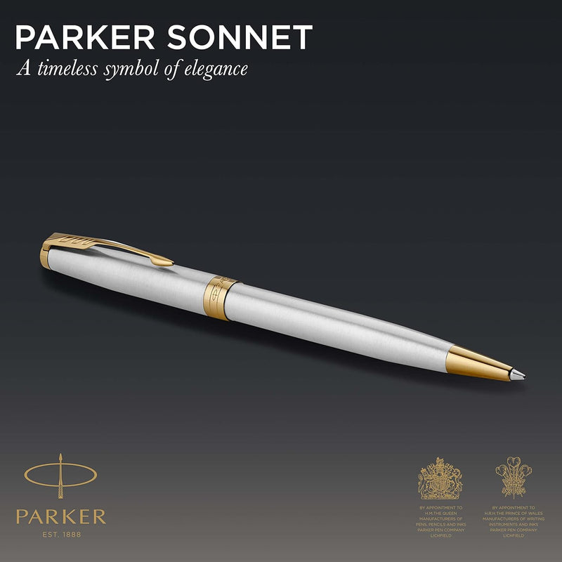 Parker Sonnet Kugelschreiber | Edelstahl mit Goldzierteilen | Mittlere Spitze | schwarze Tinte | Ges