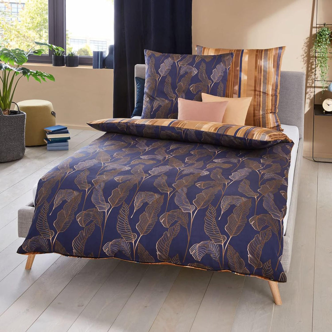 Kaeppel Wendebettwäsche Thrive Mako-Satin blau-Gold Grösse 135x200 cm (80x80 cm) 135x200 cm + 80x80