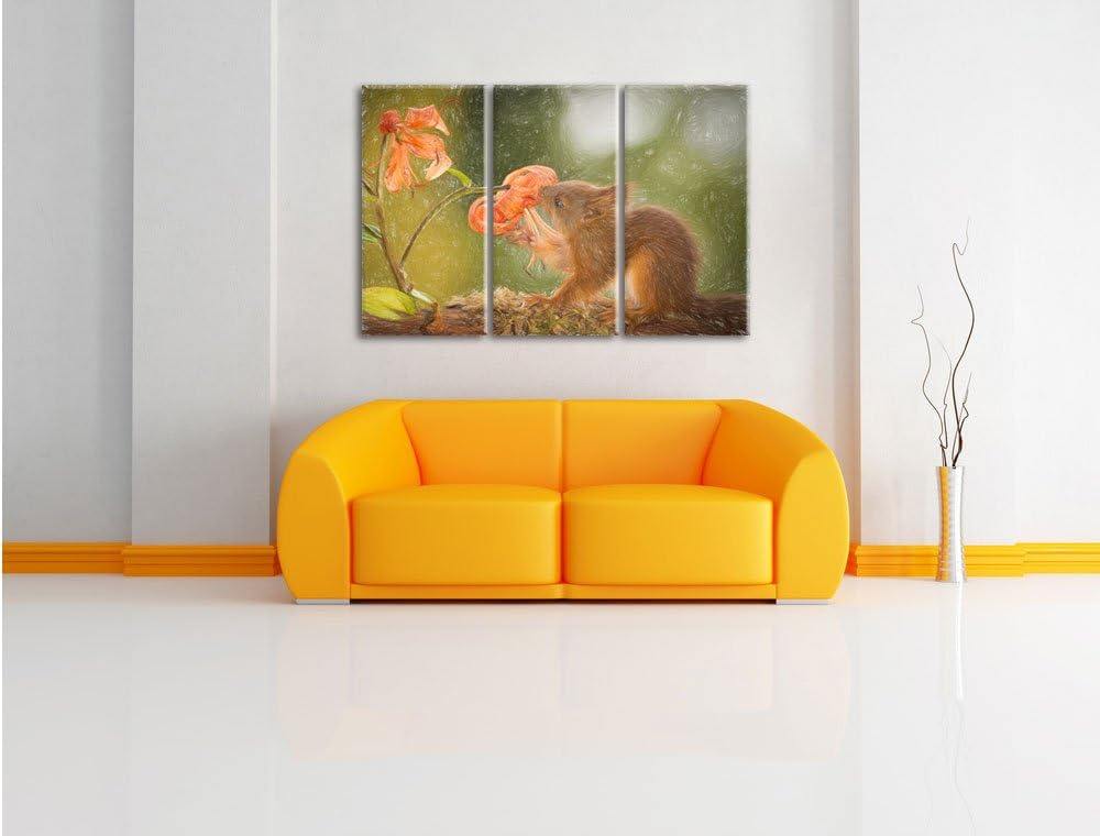 Pixxprint Eichhörnchen riecht an Einer Blume / 3-Teilig/Gesamtmass 120cm Leinwandbild bespannt auf H