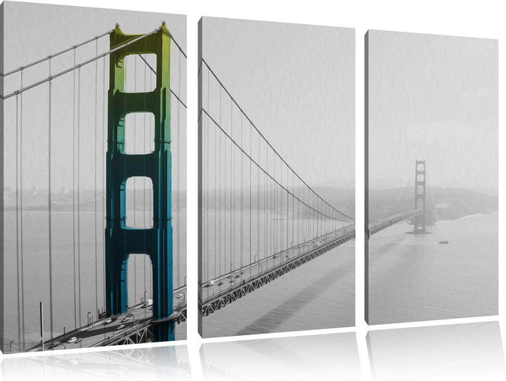 Golden Gate Bridge in Regenbogenoptik schwarz/weiss 3-Teiler Leinwandbild 120x80 Bild auf Leinwand,