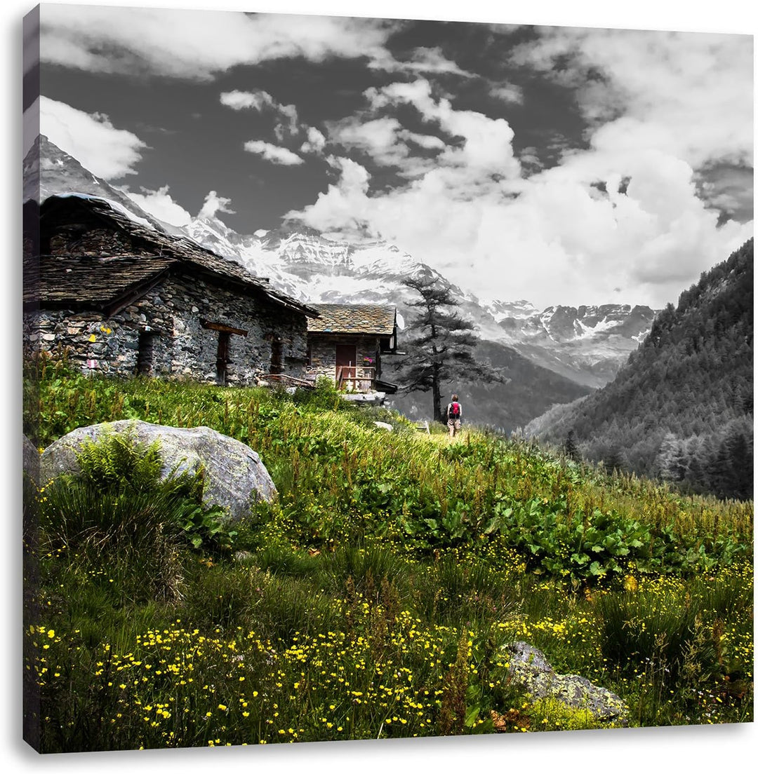 Pixxprint Steinhütte auf Berg als Leinwandbild/Grösse: 70x70 cm/Wandbild/Kunstdruck/fertig bespannt,