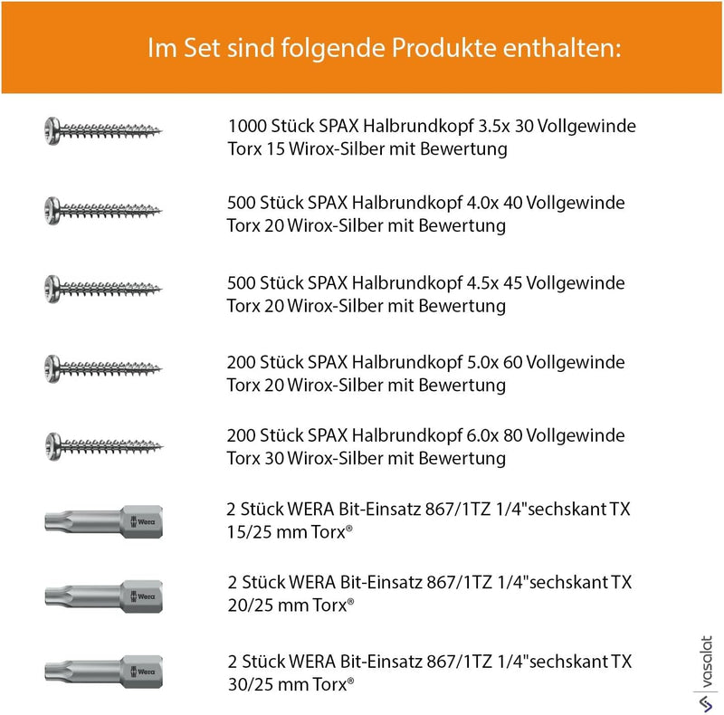 Spax Holzschrauben-SET Vollgewinde + Torx Bit | 5 Grössen: 3,5x30; 4x40; 4,5x45; 5x60; 6x80 | WIRROX