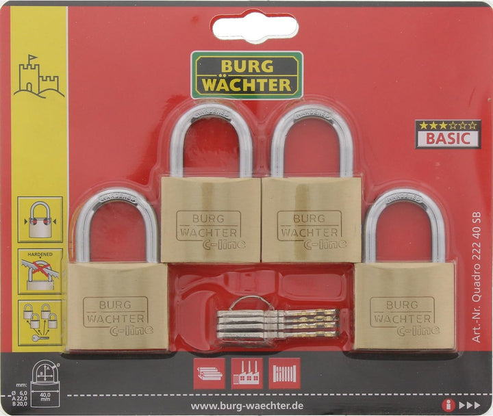 BURG-WÄCHTER 4er-Set Vorhängeschloss mit Schlüssel, Gleichschliessend, Vorhangschloss, 6 mm Bügelstä