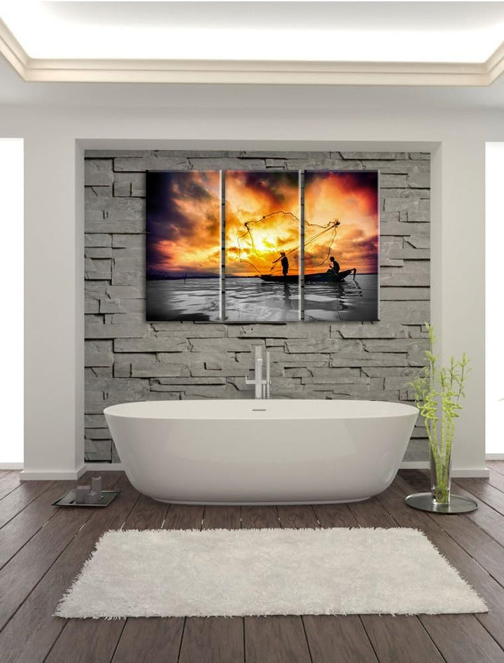 Pixxprint Angler mit grossem Fangnetz als Leinwandbild/Grösse: 3 Teilig (120x80) cm/Wandbild/Kunstdr