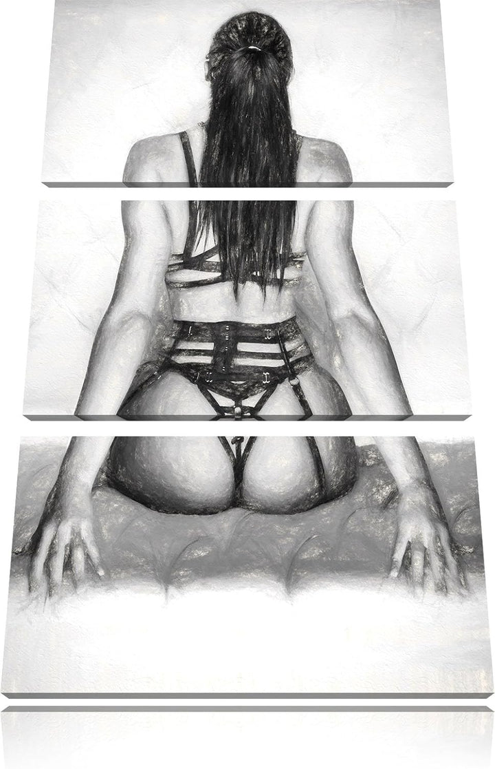 Pixxprint Brünette Frau in sexy Dessous Kunst Kohle Effekt 3-Teiler Leinwandbild 120x80 Bild auf Lei