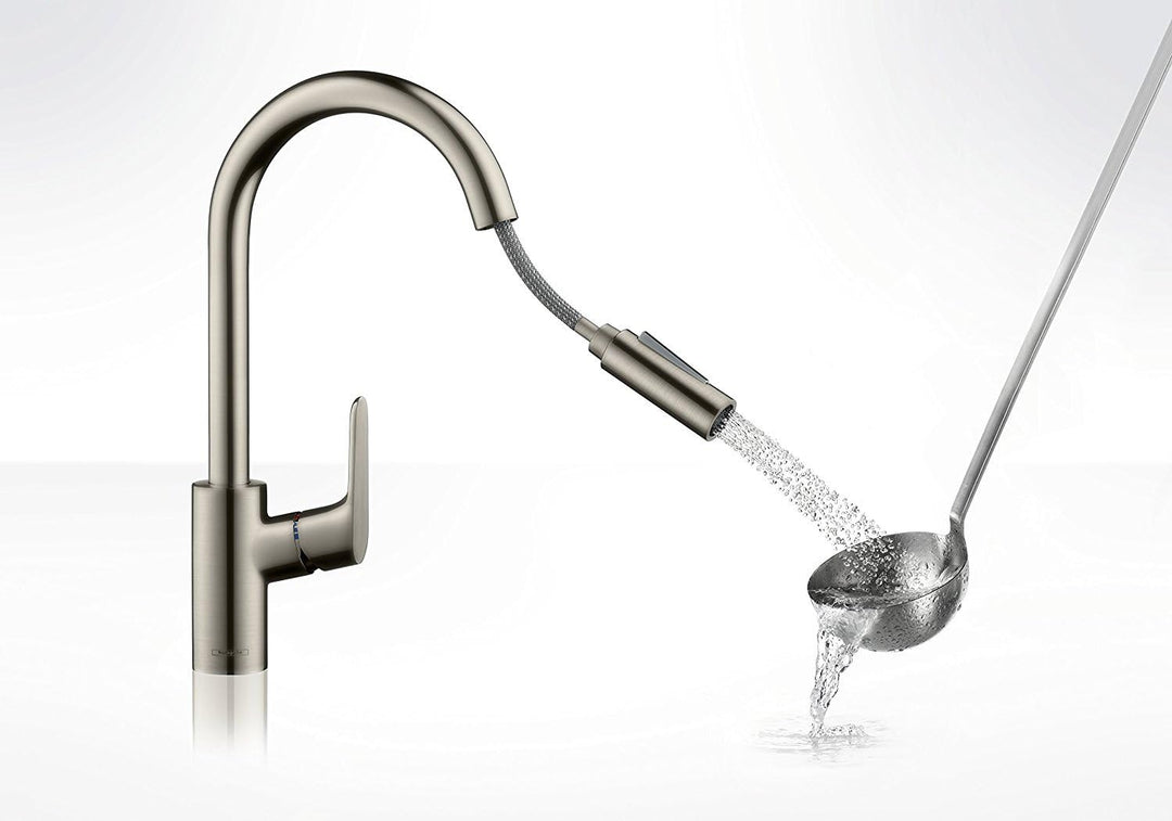 hansgrohe Focus Küchenarmatur (Wasserhahn Küche mit Schlauchbox, 150° schwenkbar, ausziehbare Brause