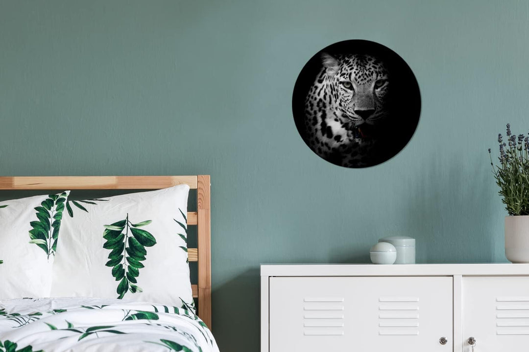MuchoWow Wandbild Rund Wanddeko Deko Wohnzimmer Bilder 30x30 cm Tiere - Schwarz - Weiss - Panther -