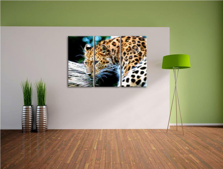 Dark aufmerksamer Leopard auf Baumstamm NewArt 3-Teiler Leinwandbild 120x80 Bild auf Leinwand, XXL r