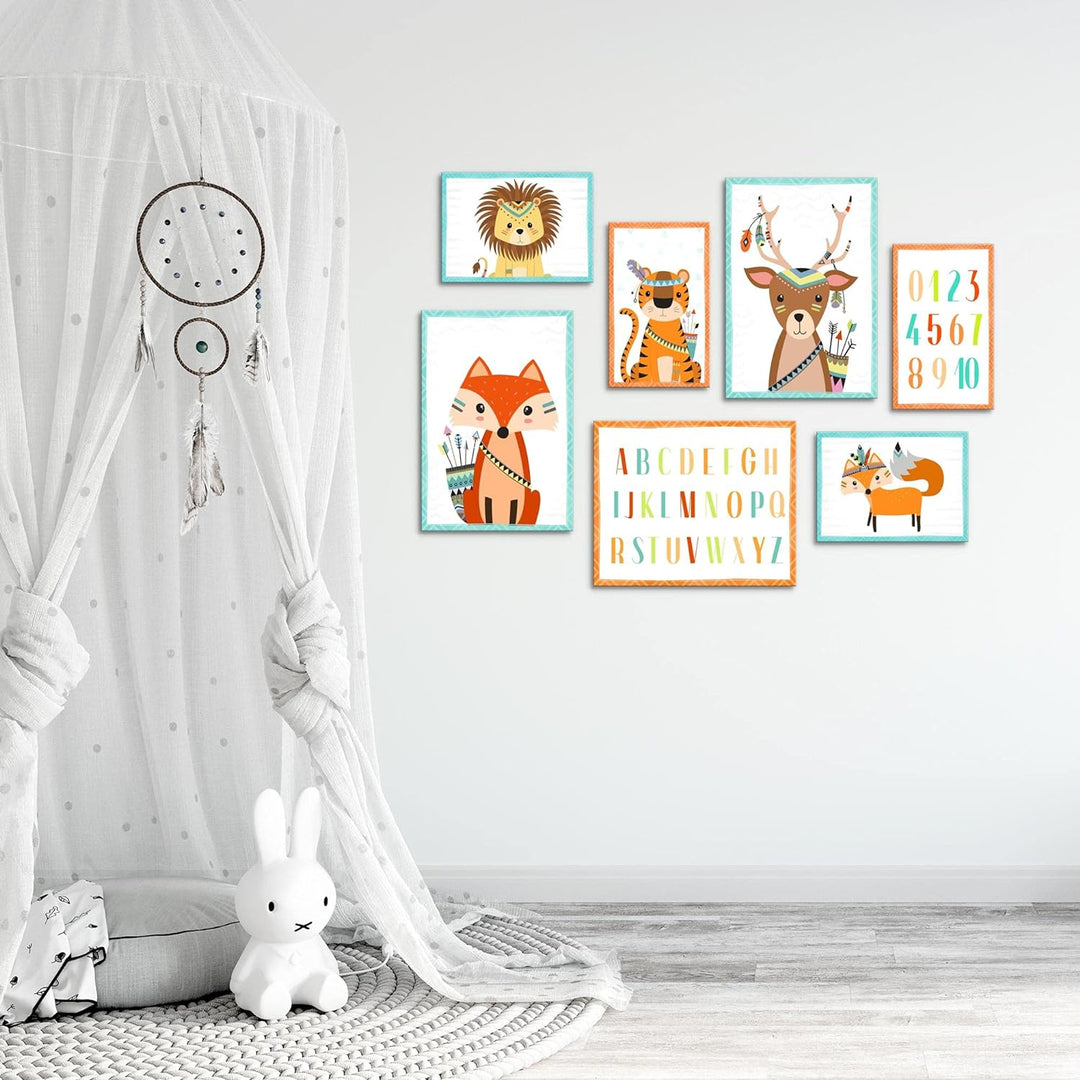 Novart Wandbilder Tiere - KOMPLETT AUFHÄNGFERTIG - Indianer Kinderzimmer Mädchen Junge- 7 Moderne Mo