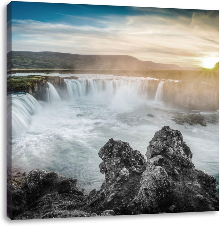Pixxprint Goðafoss bei Sonnenuntergang schwarz/weiss, Format: 70x70 als Leinwandbild, 70x70
