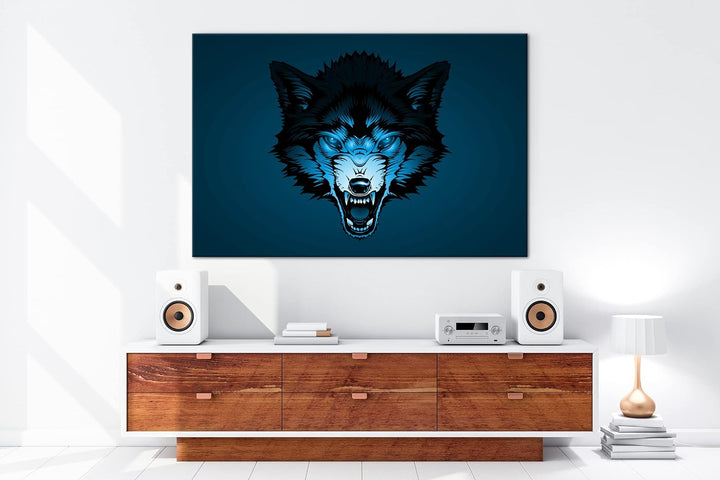 deyoli Böser Wolf Illustration Format 80x60 Effekt: Monocrome Blau als Leinwandbild, Motiv fertig ge