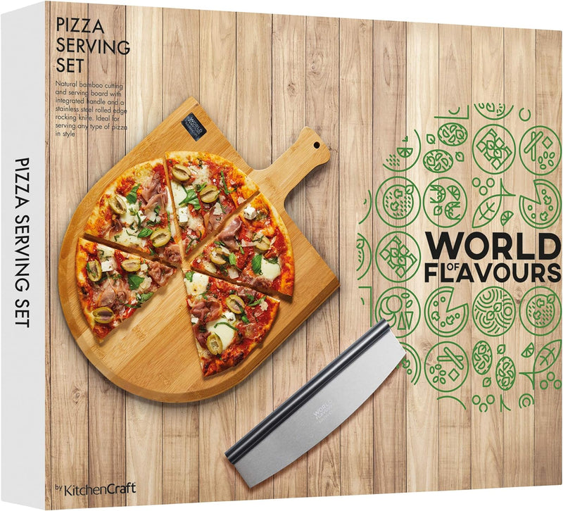 KitchenCraft World of Flavours Pizzabrett aus Holz und Mezzaluna Pizzaschneider Set