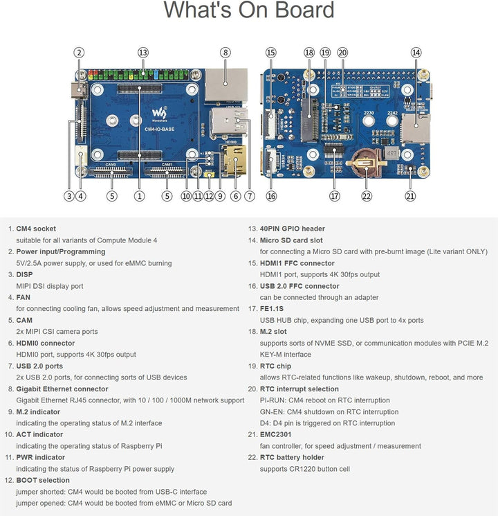 Waveshare Basisplatine für Raspberry Pi Compute Module 4 mit Standard CM4 Buchse und Raspberry Pi 40