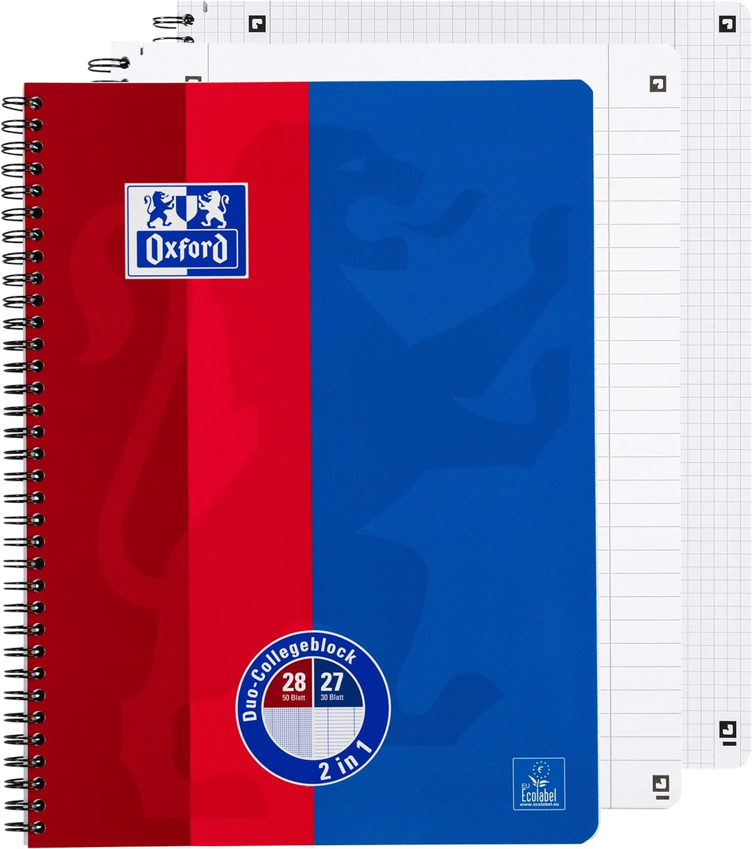 Oxford Schulheft A4, liniert, mit weissem Rand, 32 Blatt, blau, 10 Stück & Collegeblock Duo A4 karie
