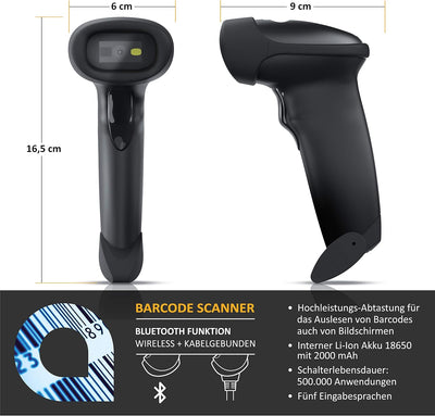 CSL - Wireless Barcode Scanner Bluetooth 2.4 GHz, 2D 1D, grosser Akku 2000mAh, 10 Stunden Dauerbetri