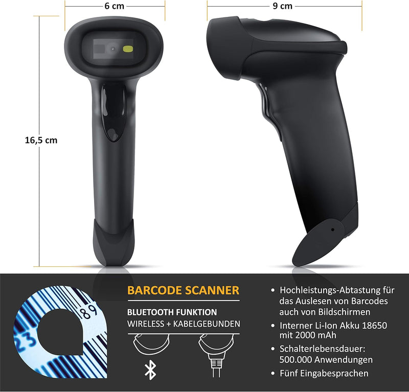 CSL - Wireless Barcode Scanner Bluetooth 2.4 GHz, 2D 1D, grosser Akku 2000mAh, 10 Stunden Dauerbetri