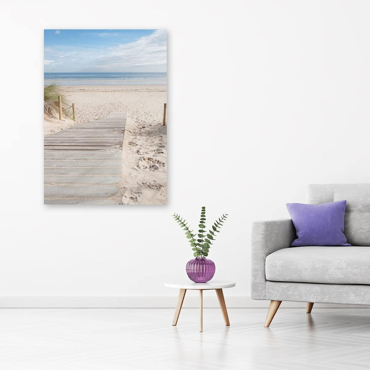 Feeby Vlies Leinwandbild Dünen Strand Ozean Holzweg 60x90 cm Druckbild Wandbild Wanddekoration Deko