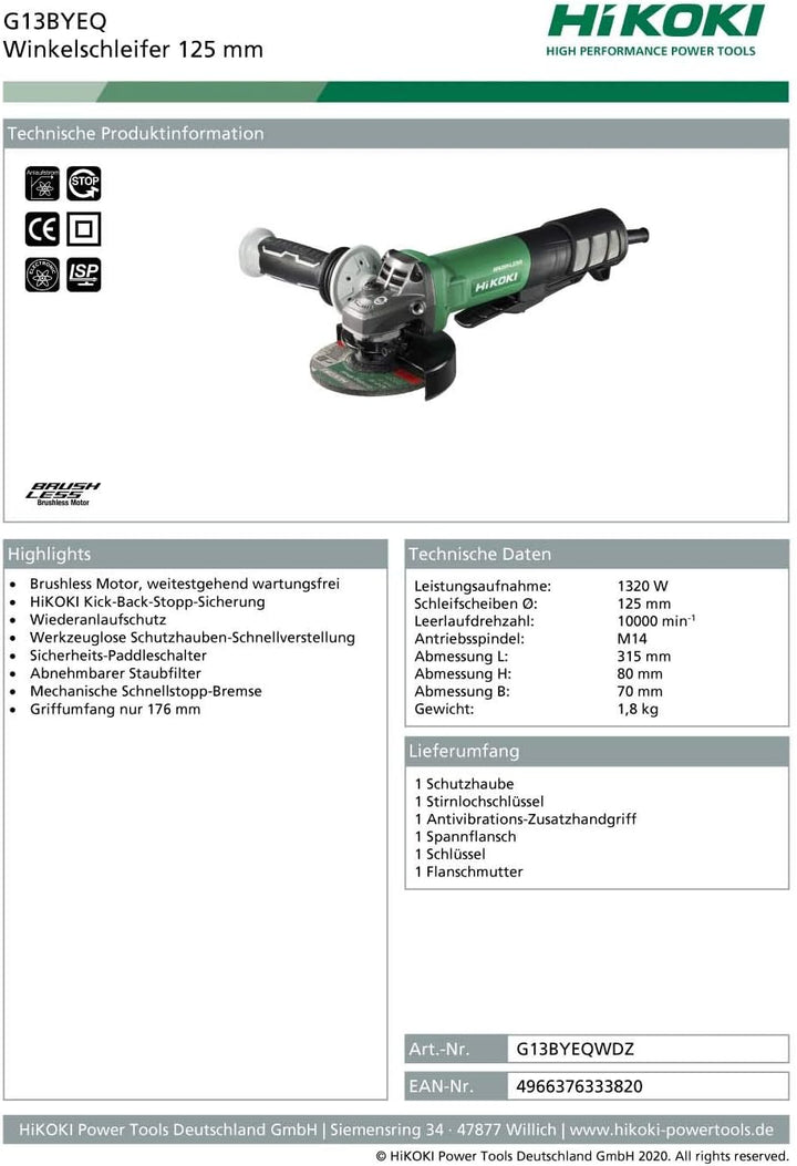 HIKOKI Winkelschleifer, G13BYEQ (im Karton) 125 mm, (1320W) 240V, Grün Schwarz