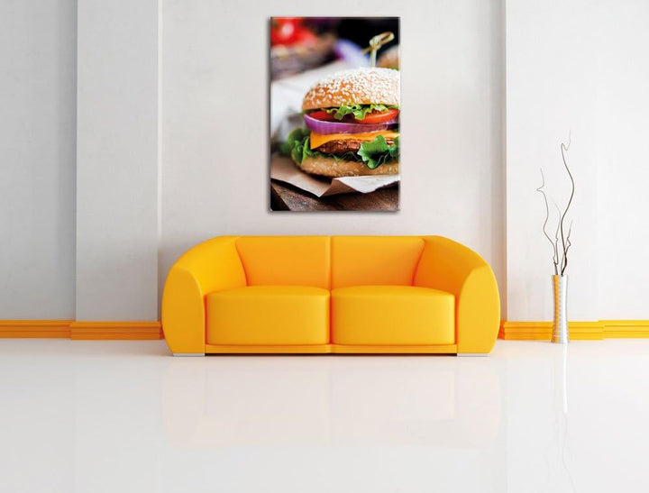 Pixxprint Burger und Pommes als Leinwandbild/Grösse: 100x70 / Wandbild/Kunstdruck/fertig bespannt, 1