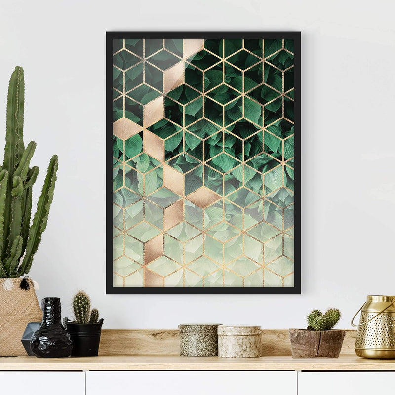 Bild gerahmt Grüne Blätter goldene Geometrie Schwarz ohne Passepartout 55x40cm 55cm x 40cm Schwarz -